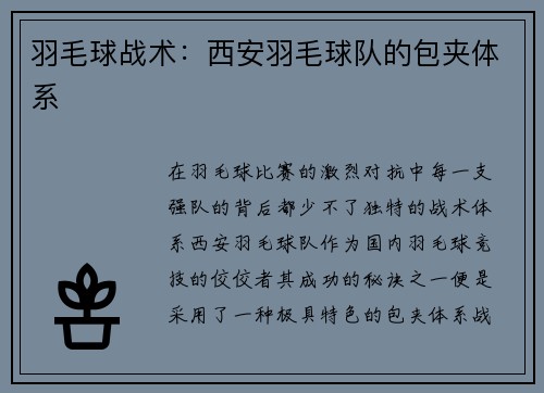 羽毛球战术：西安羽毛球队的包夹体系