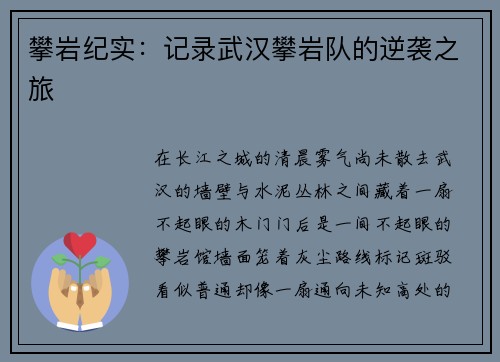 攀岩纪实：记录武汉攀岩队的逆袭之旅