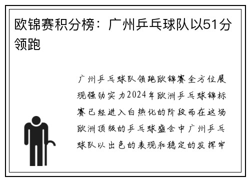 欧锦赛积分榜：广州乒乓球队以51分领跑