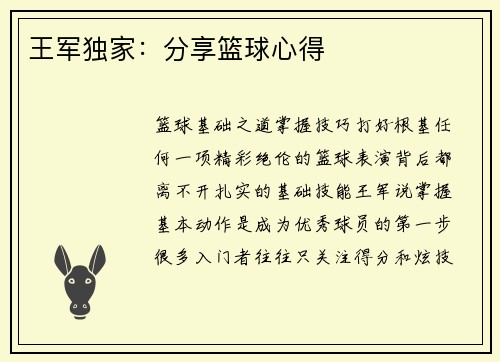 王军独家：分享篮球心得